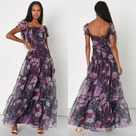 Lulus Delightful Expression Black Floral Organza Tiered Maxi Dress XS  Wedding